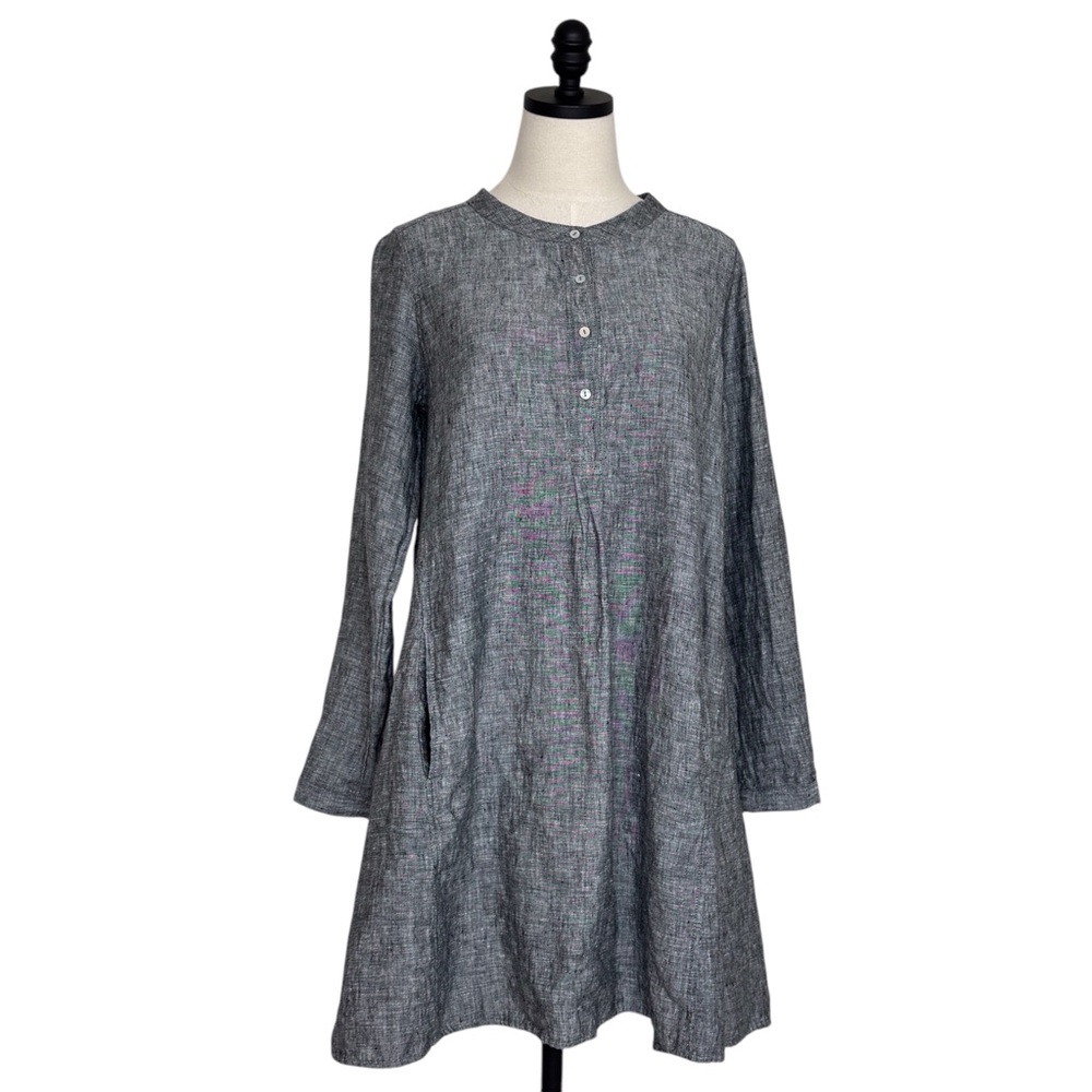 Tahari 100% Linen Long Sleeve Dress with Mandarin Collar Grey Blue Size Medium